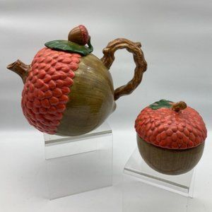 Vintage Acorn Teapot & Sugar Bowl w/Lid Set Dept 56 Woodland, Autumn Decor, Fall